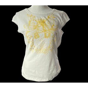 BABY PHAT Top Tee Gold Graphics Rhinestones Cap Short Sleeve White XL 81-9